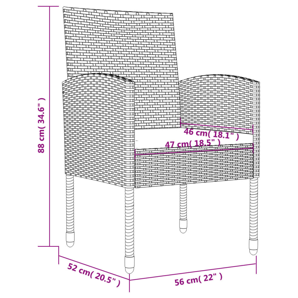 vidaXL 3-delige Tuinset poly rattan en staal grijs en zwart