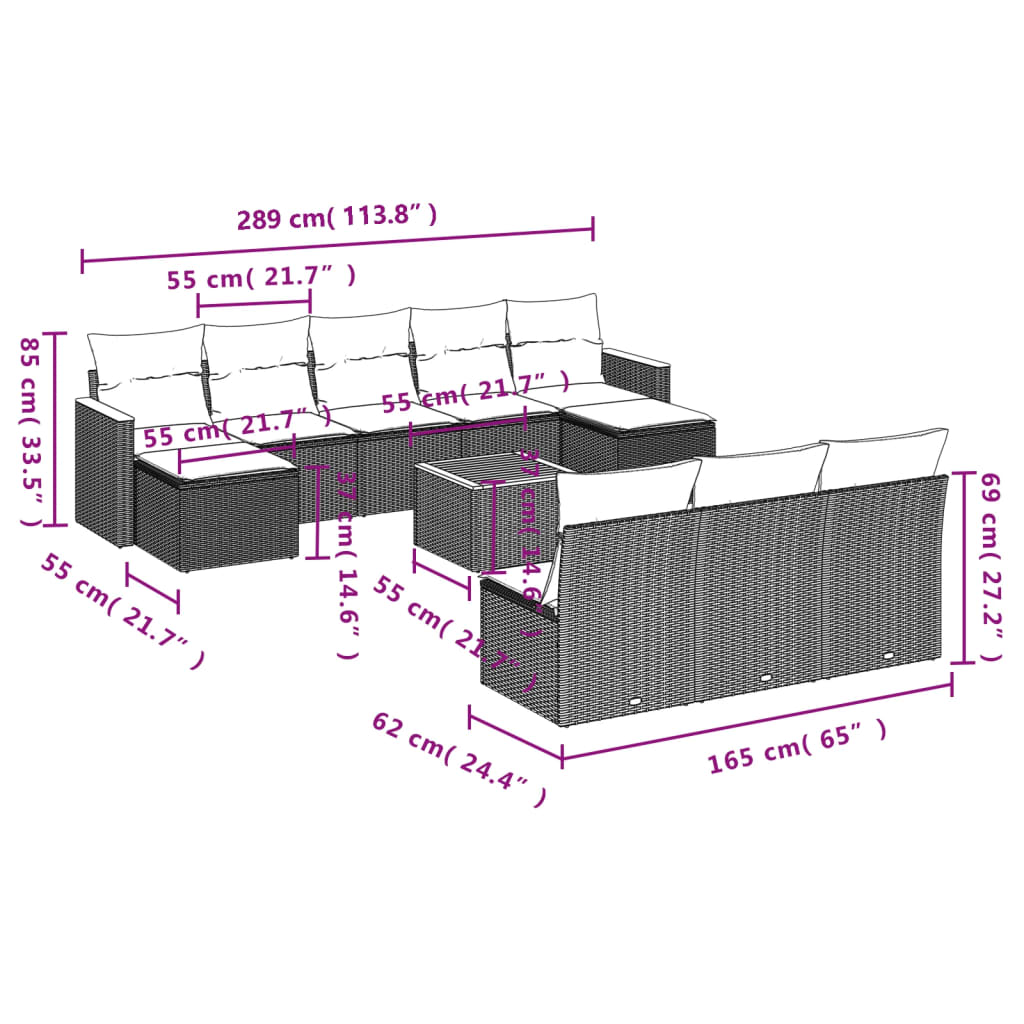 vidaXL 11-delige Tuinset met kussens poly rattan beige