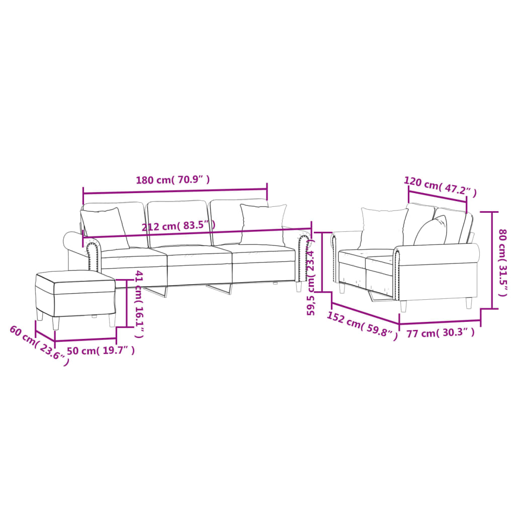 vidaXL 3-delige Loungeset met kussens fluweel donkergroen