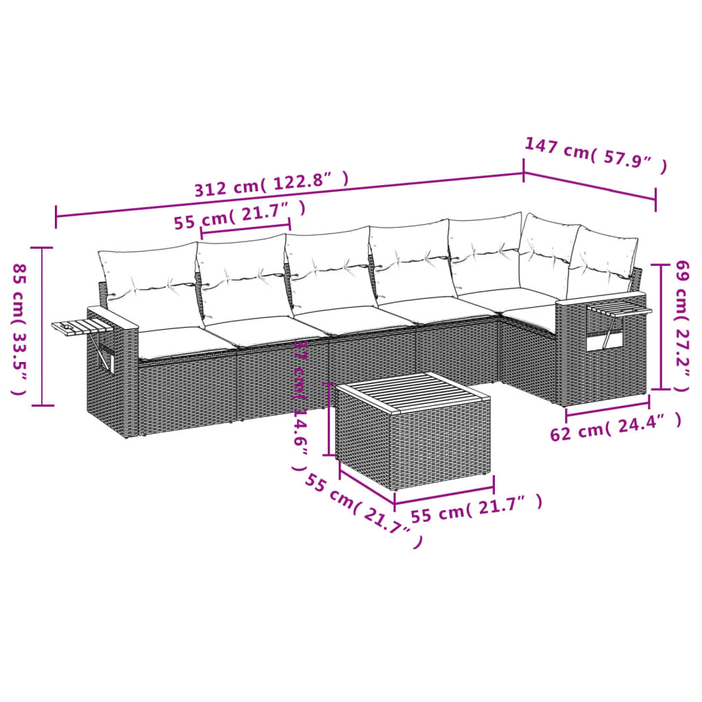 vidaXL 7-delige Loungeset met kussens poly rattan beige