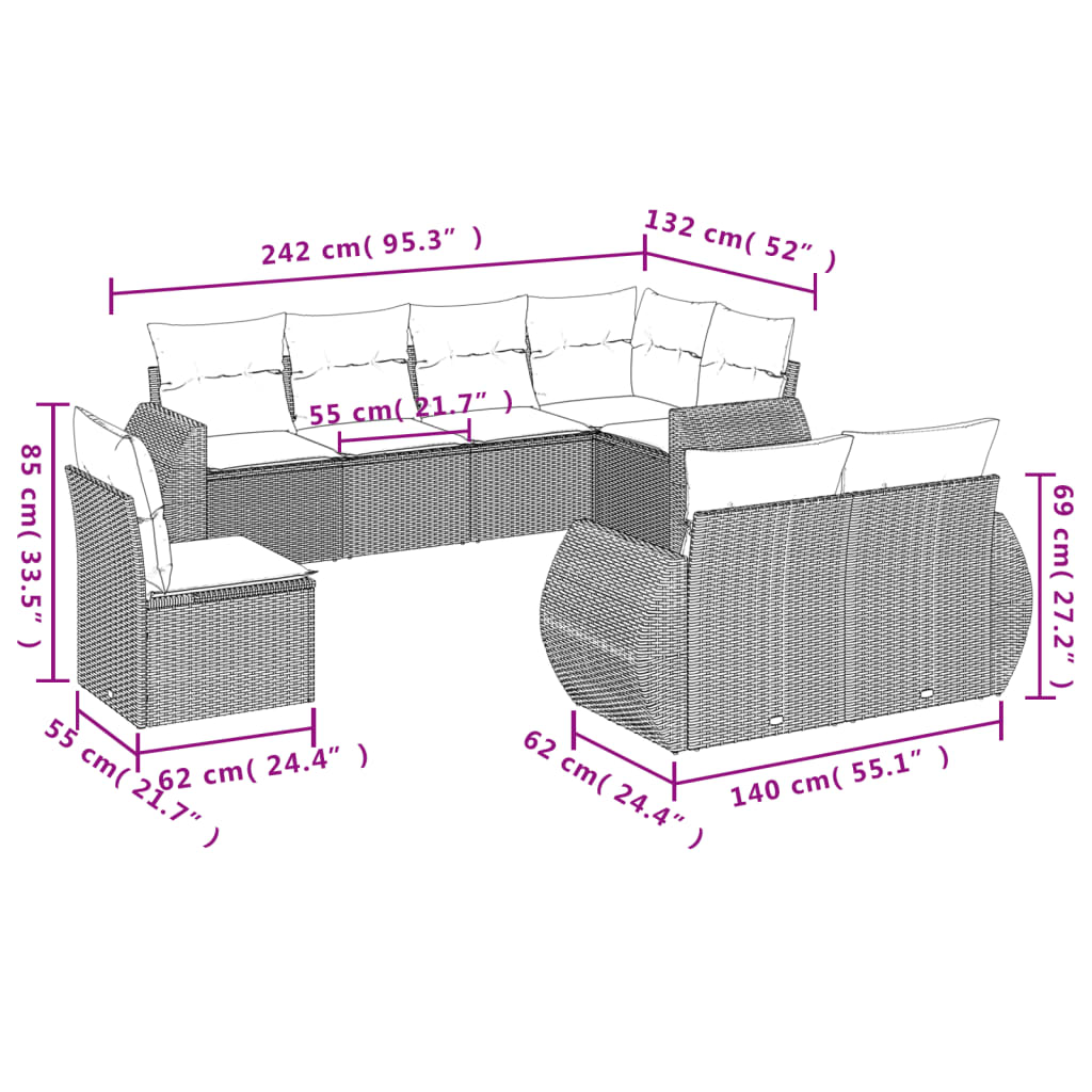 vidaXL 8-delige Loungeset met kussens poly rattan zwart