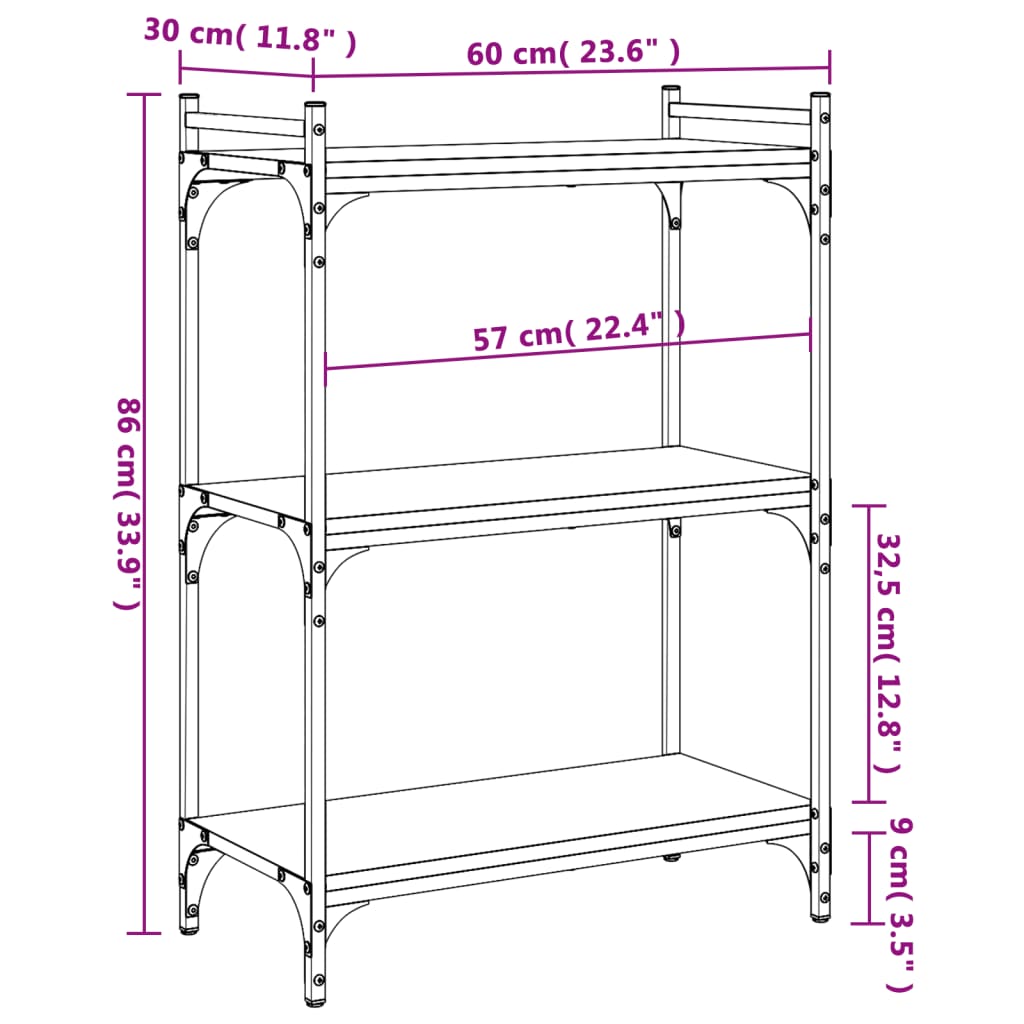 vidaXL Boekenkast 3-laags 60x30x86 cm bewerkt hout sonoma eikenkleurig