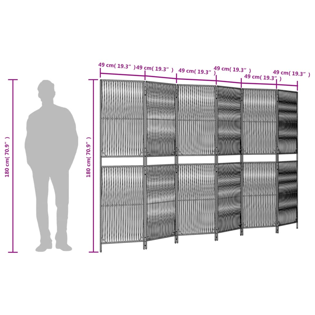 vidaXL Kamerscherm 6 panelen poly rattan grijs