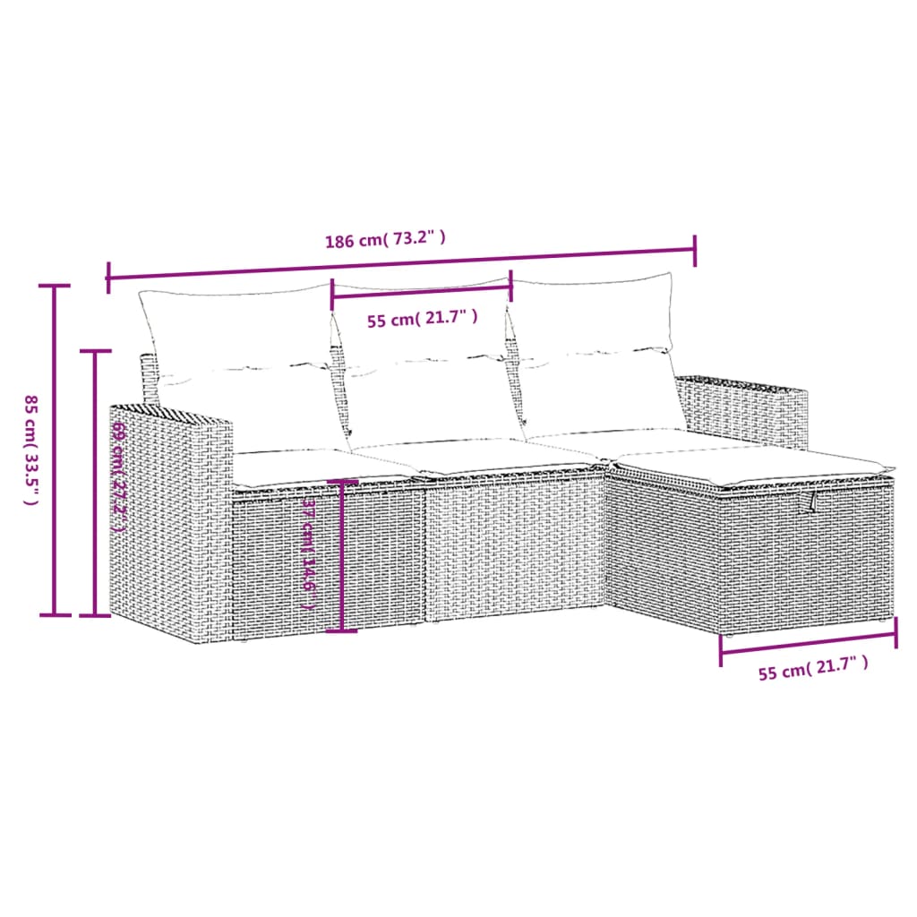 vidaXL 4-delige Loungeset met kussens poly rattan grijs