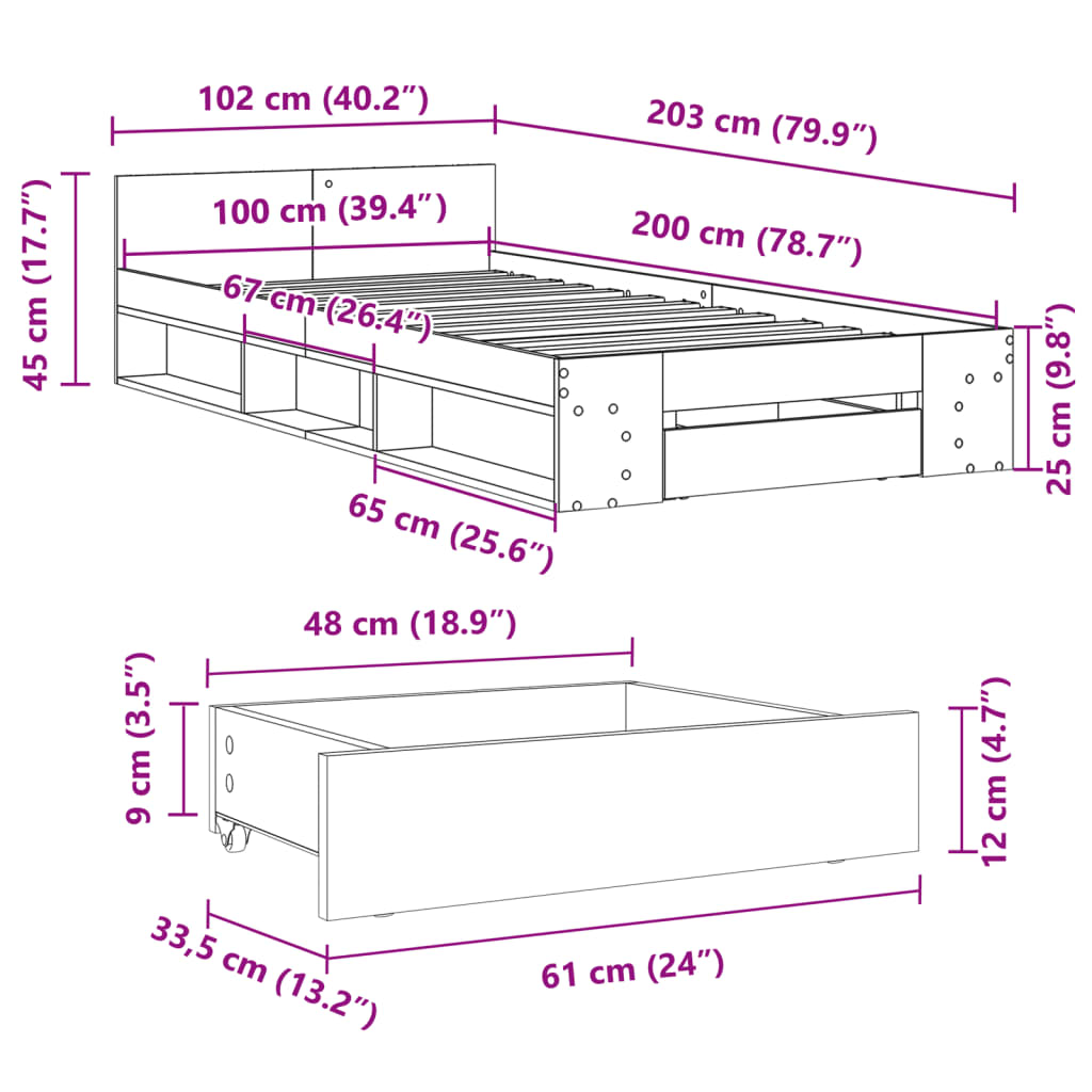 vidaXL Bedframe met lade bewerkt hout sonoma eikenkleurig 100x200 cm