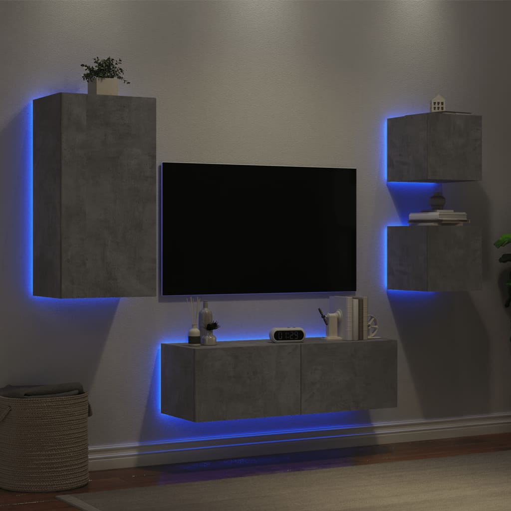 vidaXL 4-delige tv-wandmeubelset met LED-verlichting betongrijs