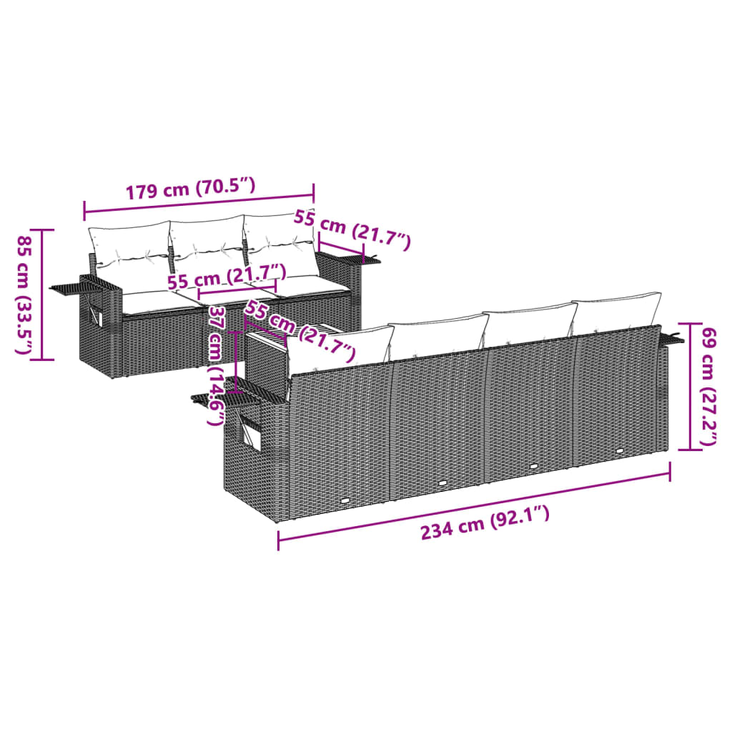 vidaXL 8-delige Loungeset met kussens poly rattan grijs