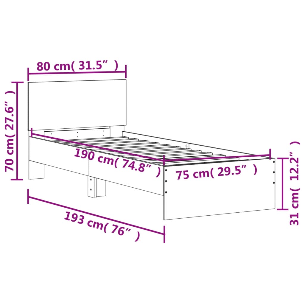 vidaXL Bedframe met hoofdbord en LED bruin eikenkleur 75x190 cm