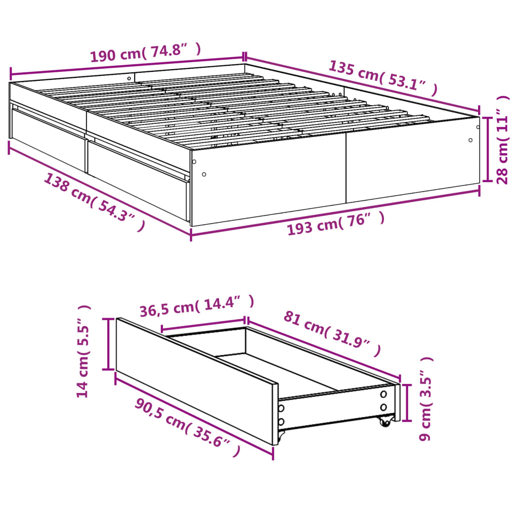 vidaXL Bedframe met lades bewerkt hout grijs sonoma eiken 135x190 cm