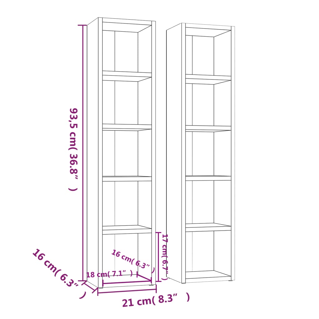 vidaXL CD-kasten 2 st 21x16x93,5 cm bewerkt hout gerookt eikenkleurig