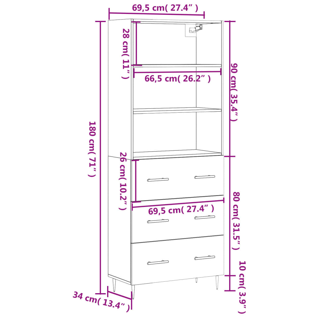 vidaXL Hoge kast 69,5x34x180 cm bewerkt hout sonoma eikenkleurig