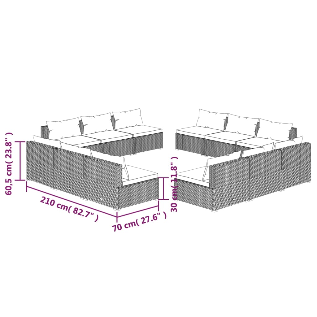 vidaXL 12-delige Loungeset met kussens poly rattan bruin