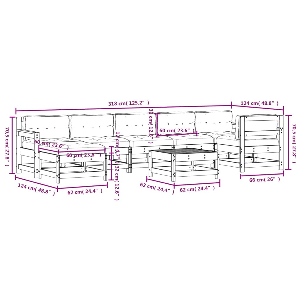 vidaXL 8-delige Loungeset met kussens massief hout grijs