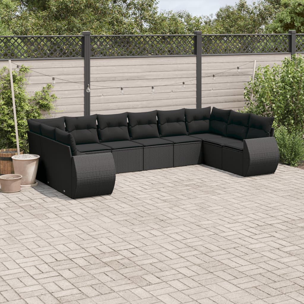 vidaXL 10-delige Loungeset met kussens poly rattan zwart