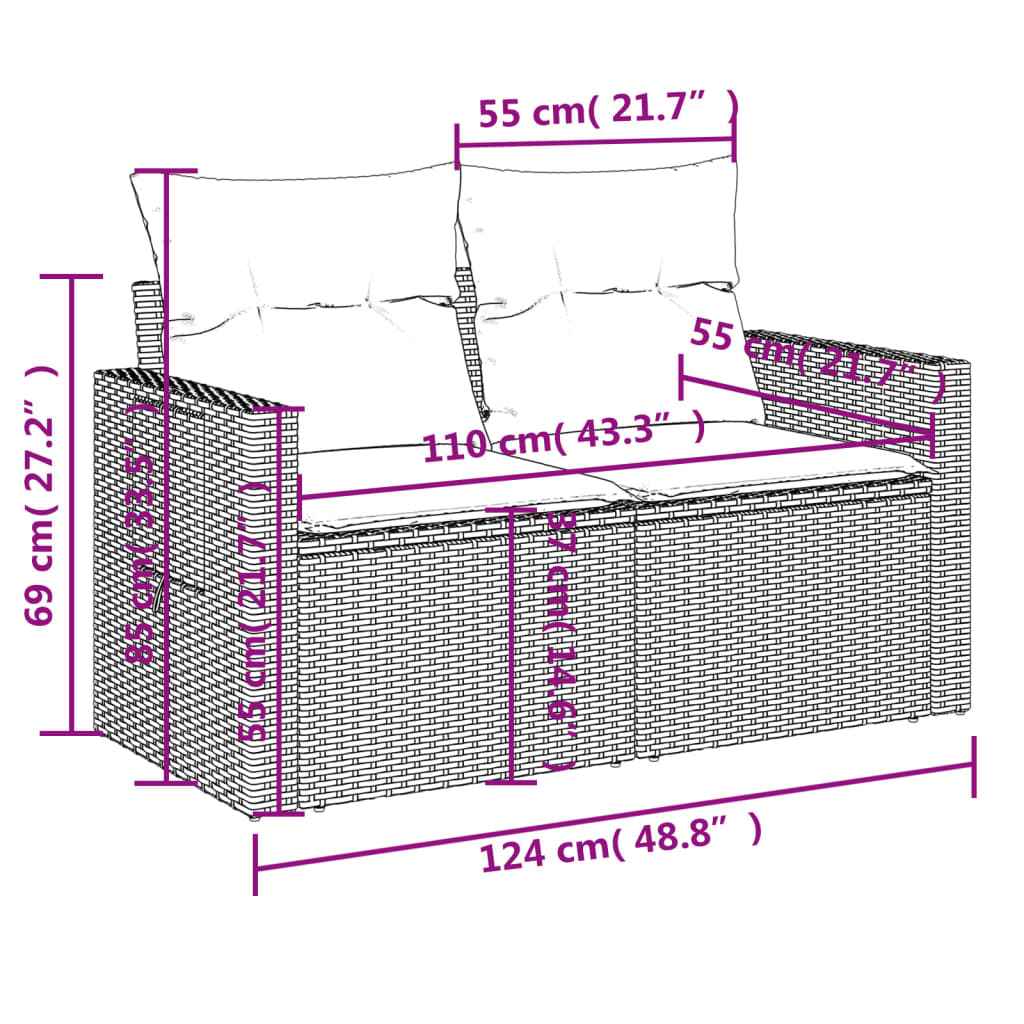 vidaXL Tuinbank 2-zits met kussens poly rattan bruin