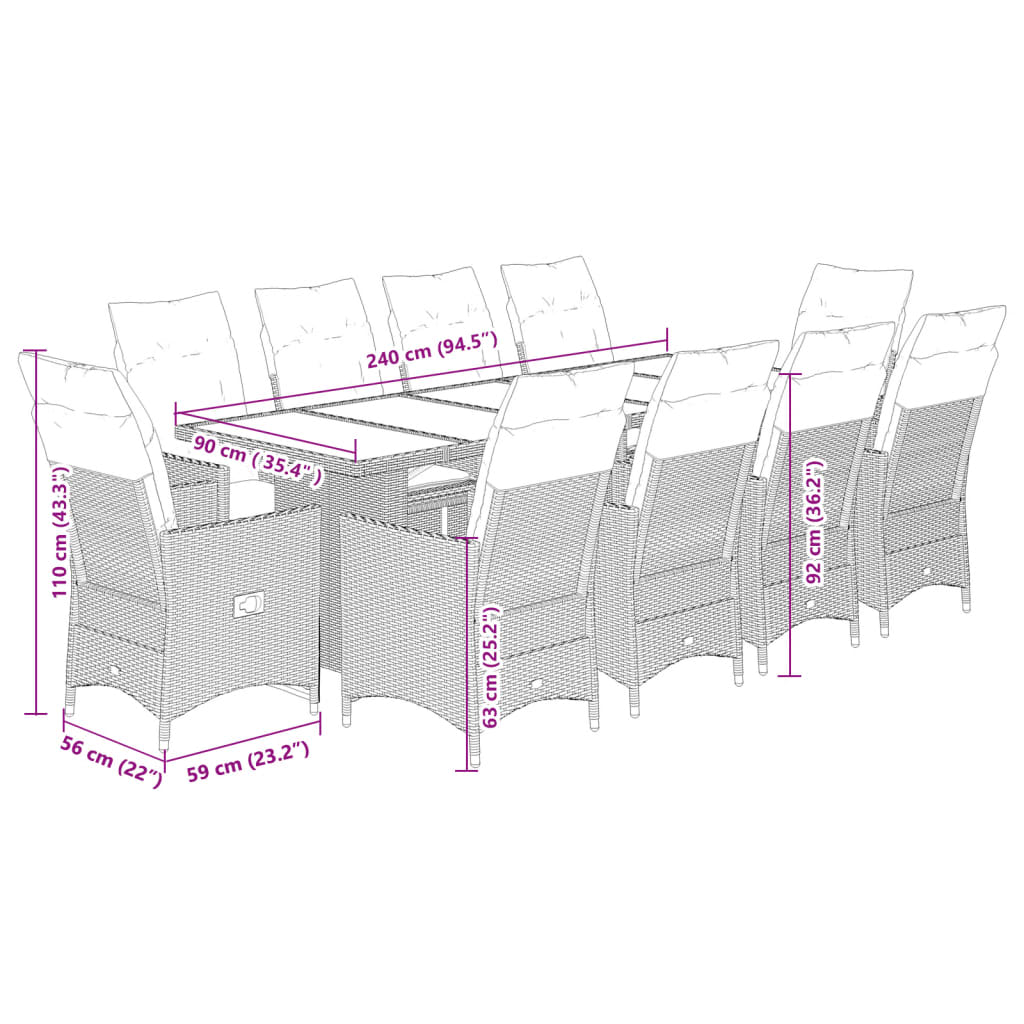 vidaXL 11-delige Bistroset met kussens poly rattan beige