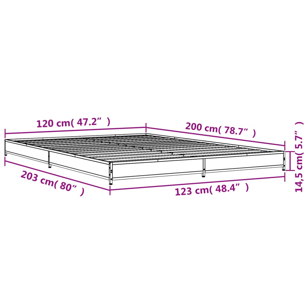 vidaXL Bedframe bewerkt hout metaal gerookt eikenkleurig 120x200 cm