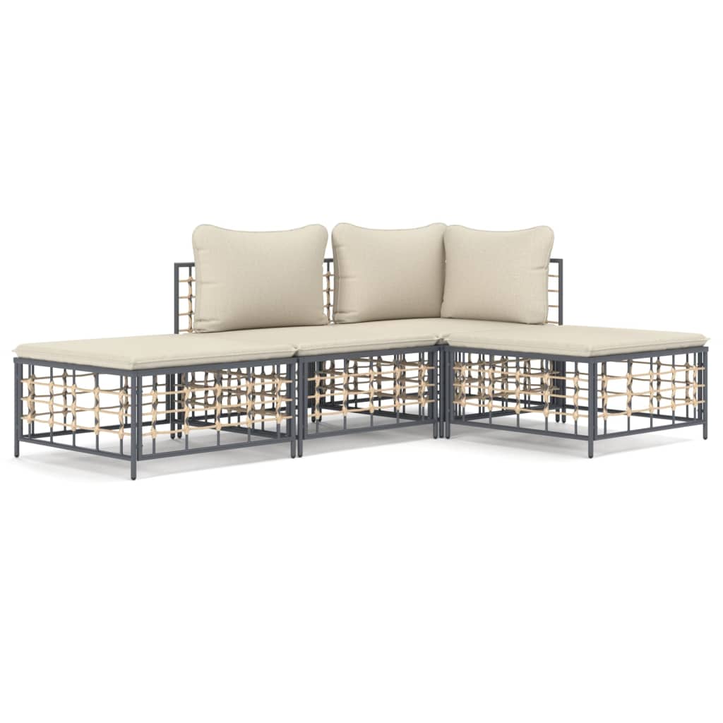 vidaXL 4-delige Loungeset met kussens poly rattan antracietkleurig