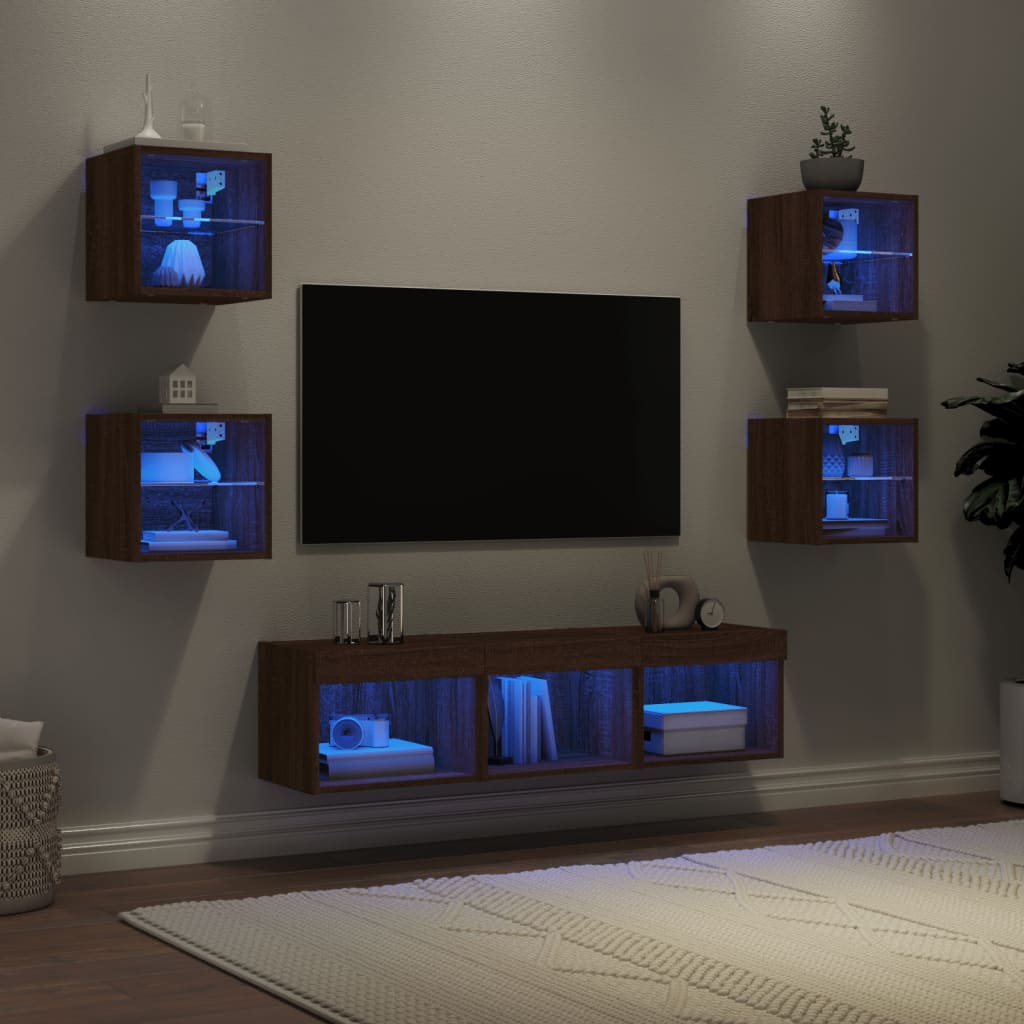 vidaXL 7-delige Tv-wandmeubelset met LED bewerkt hout bruineikenkleur