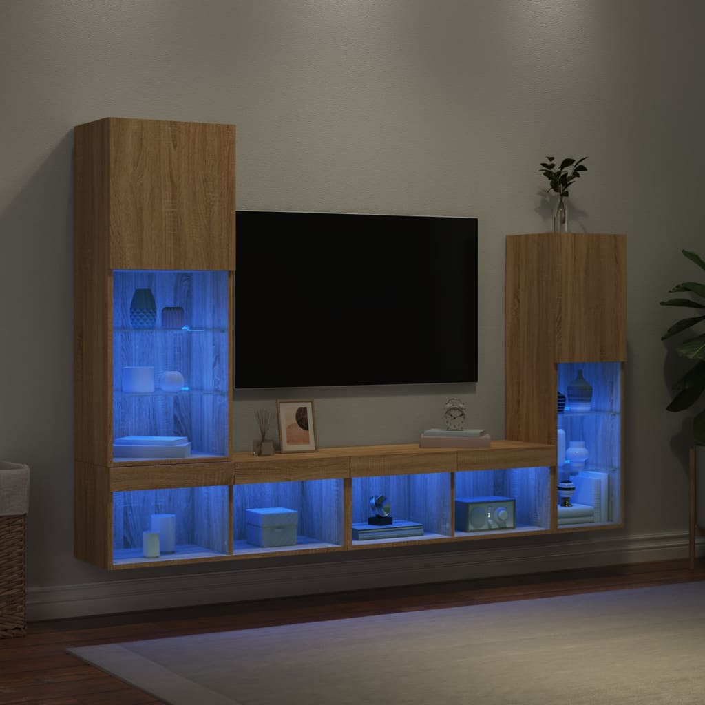 vidaXL 4-delige Tv-wandmeubelset met LED bewerkt hout sonoma eiken