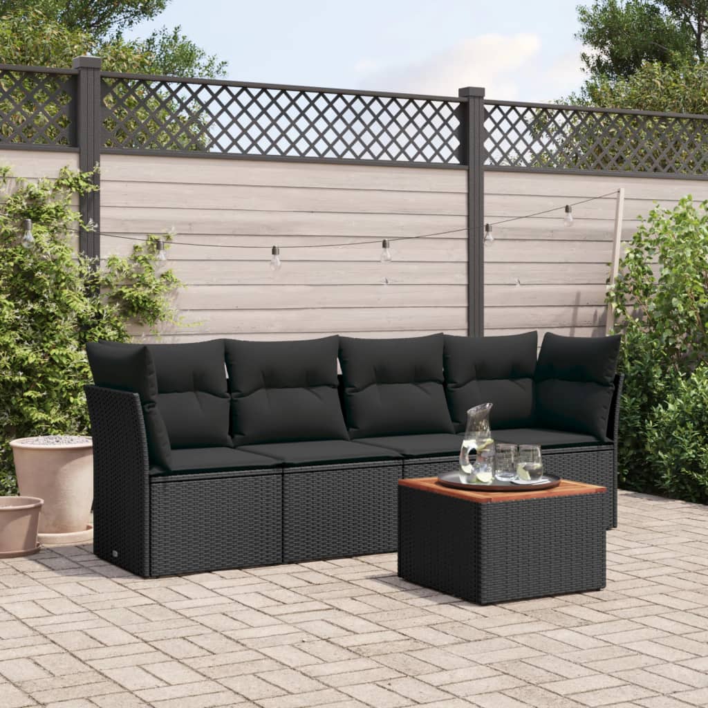 vidaXL 5-delige Loungeset met kussens poly rattan zwart