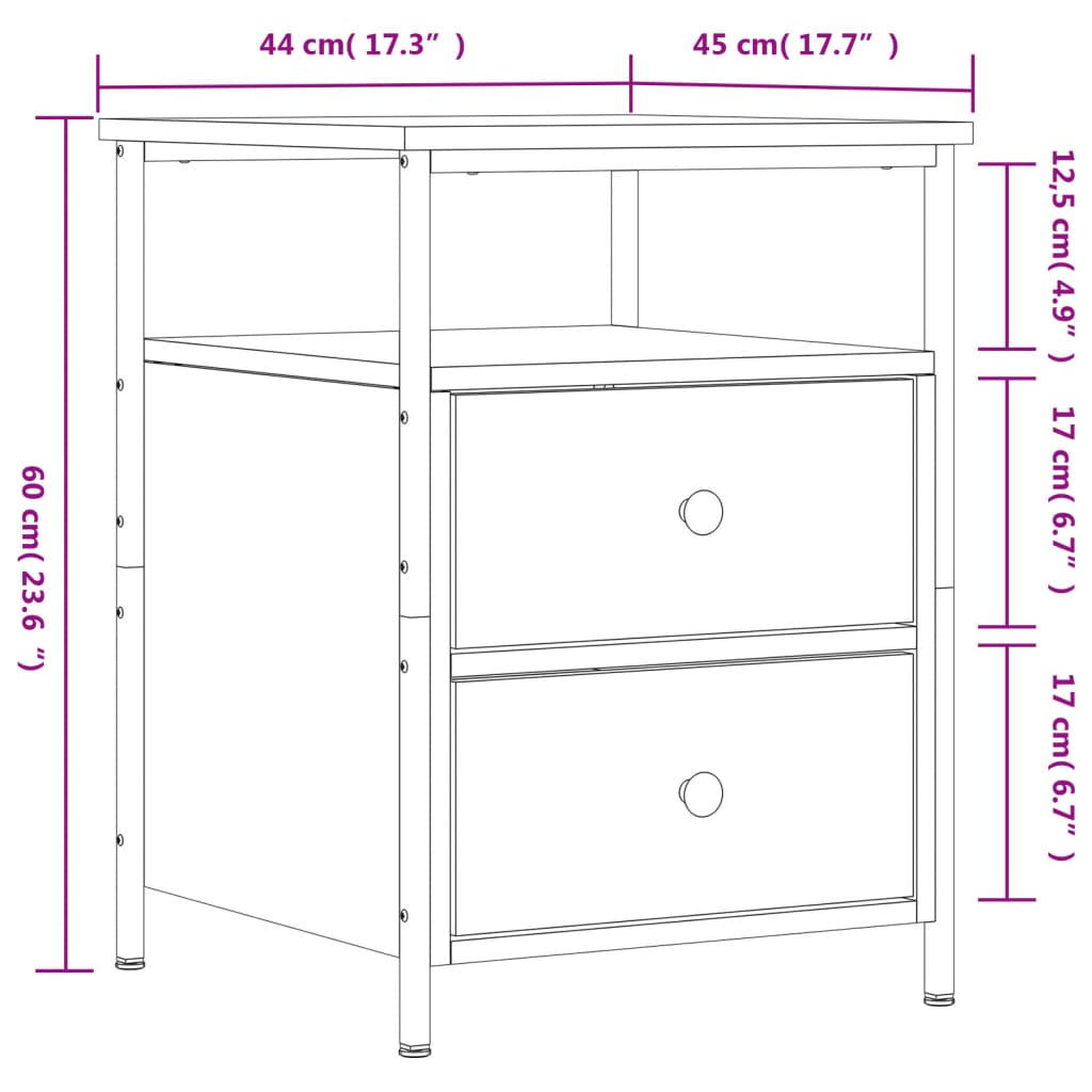 vidaXL Nachtkastjes 2 st 44x45x60 cm bewerkt hout gerookt eikenkleurig