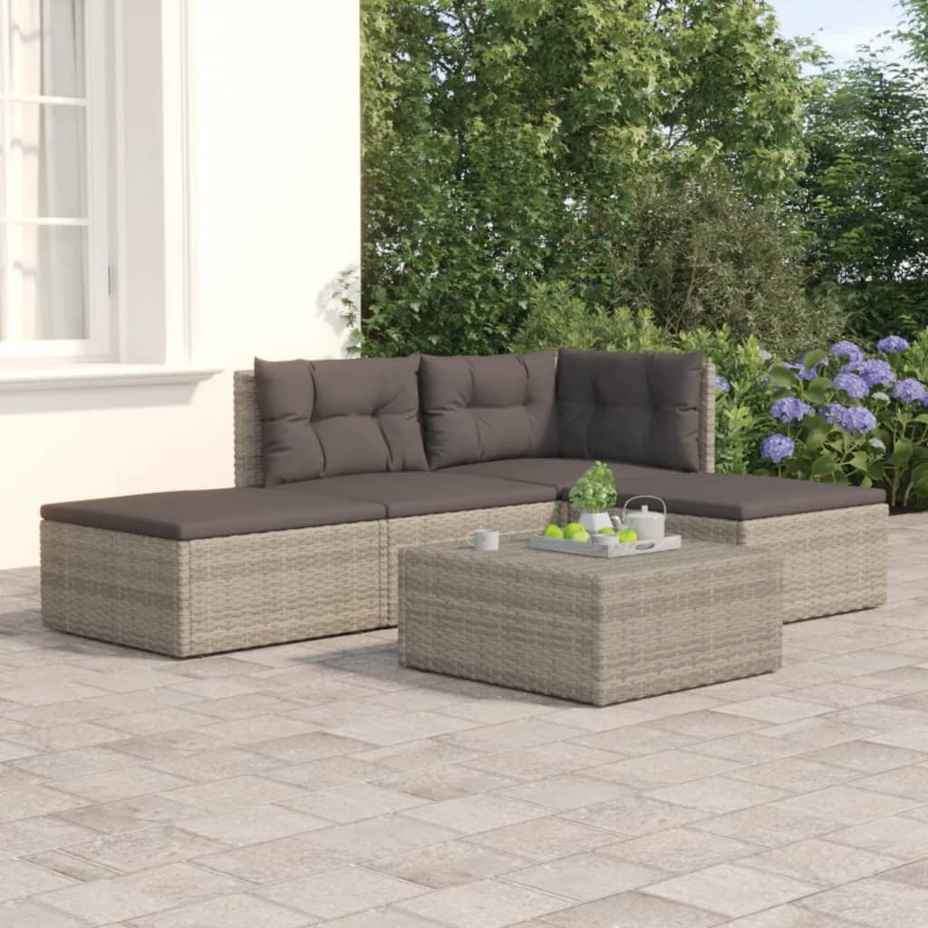 vidaXL 4-delige Loungeset met kussens poly rattan grijs