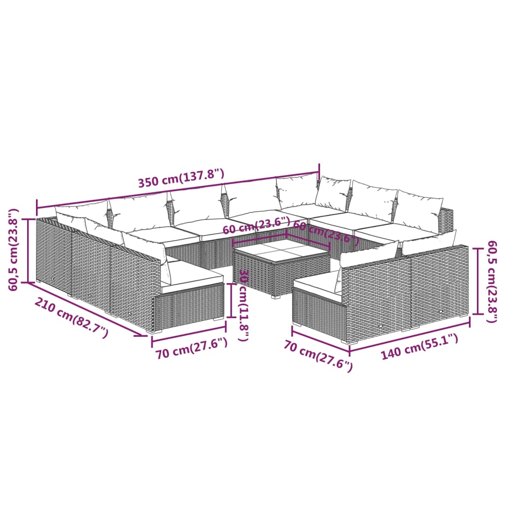 vidaXL 12-delige Loungeset met kussens poly rattan bruin