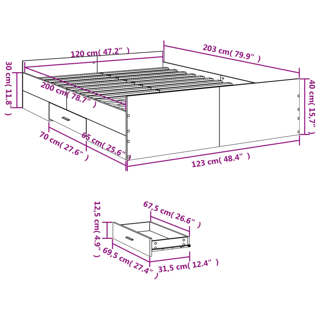 vidaXL Bedframe met lades bewerkt hout grijs sonoma eiken 120x200 cm