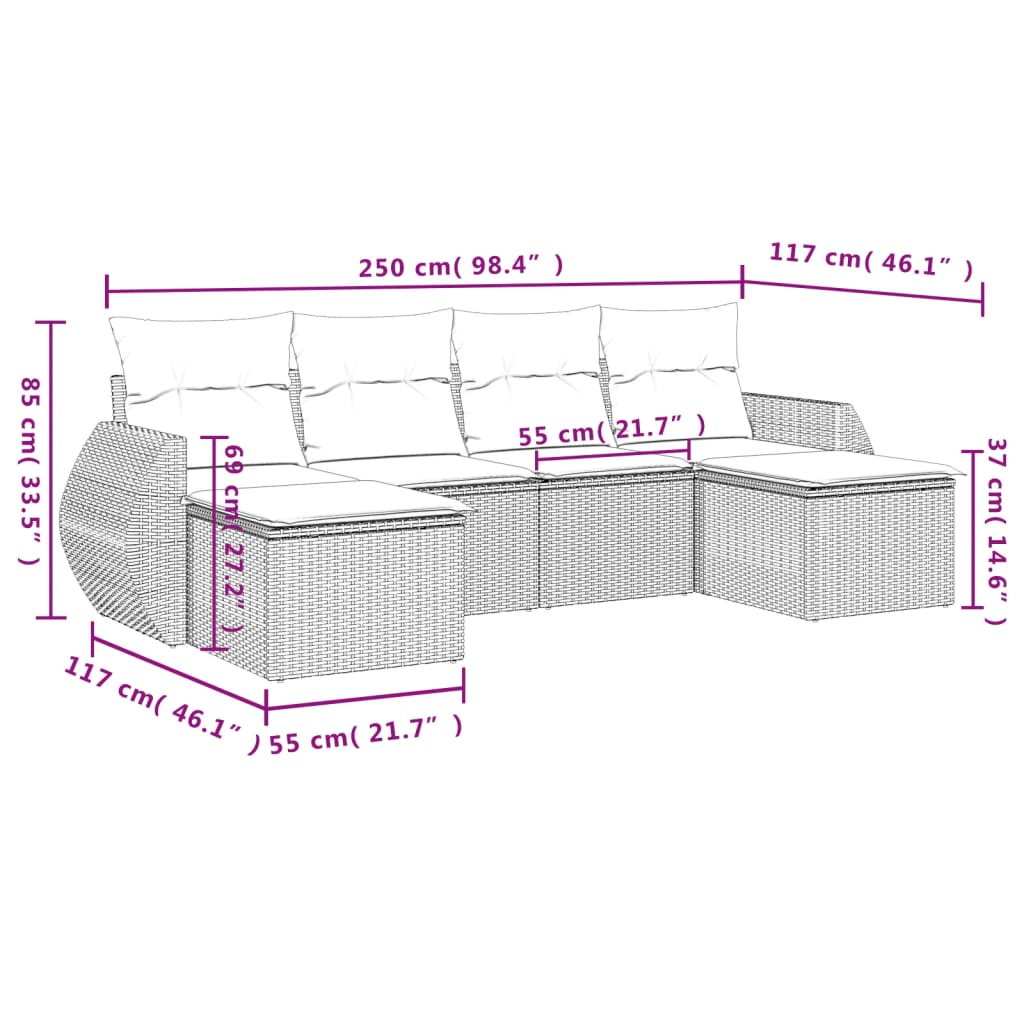 vidaXL 6-delige Loungeset met kussens poly rattan lichtgrijs