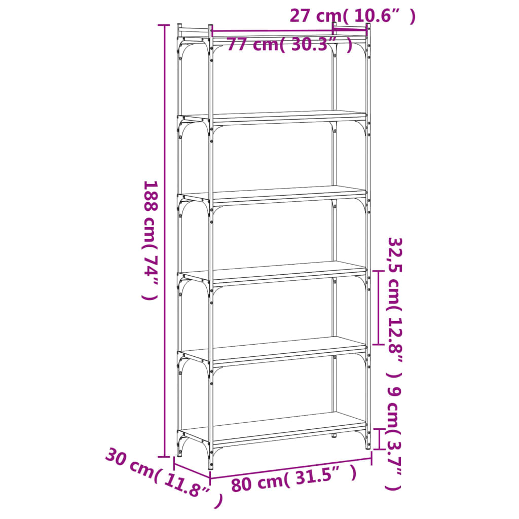 vidaXL Boekenkast 6-laags 80x30x188 cm bewerkt hout gerookt eikenkleur