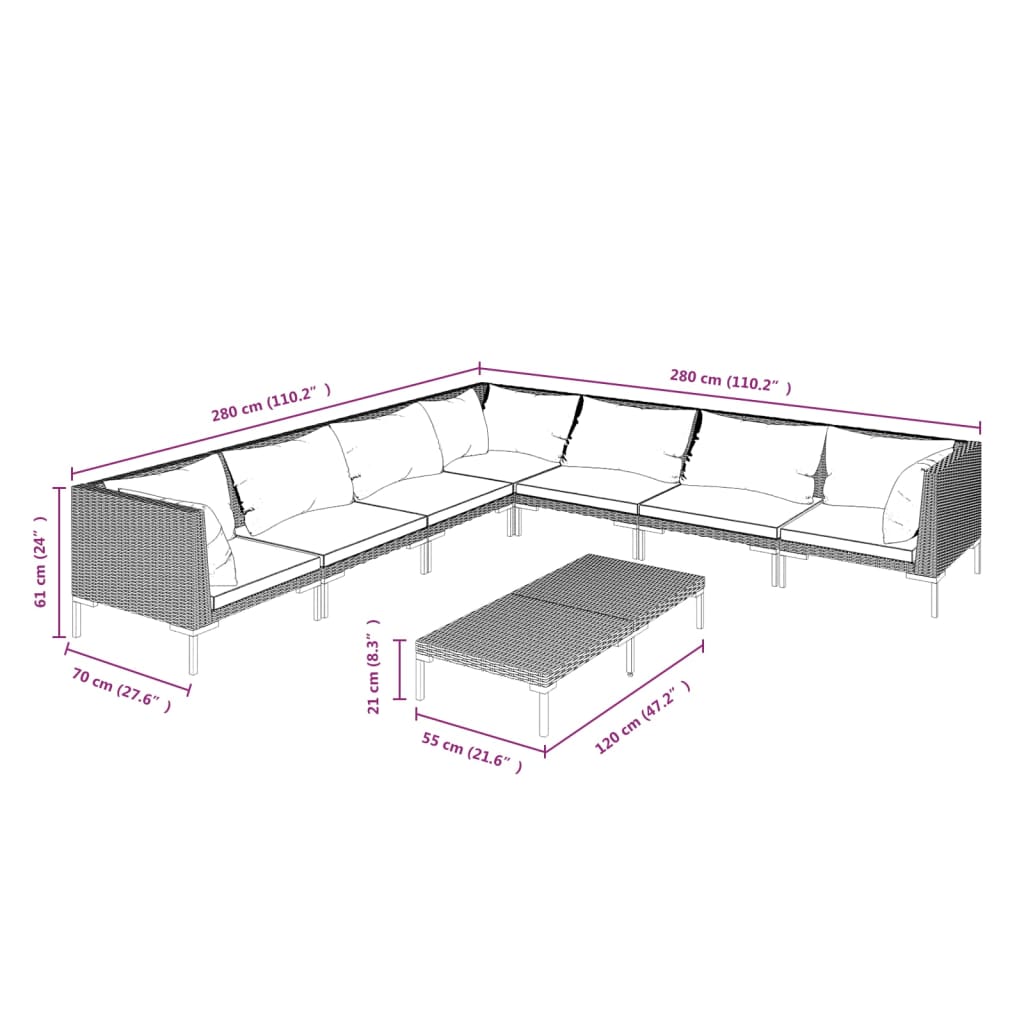 vidaXL 8-delige Loungeset met kussens poly rattan donkergrijs