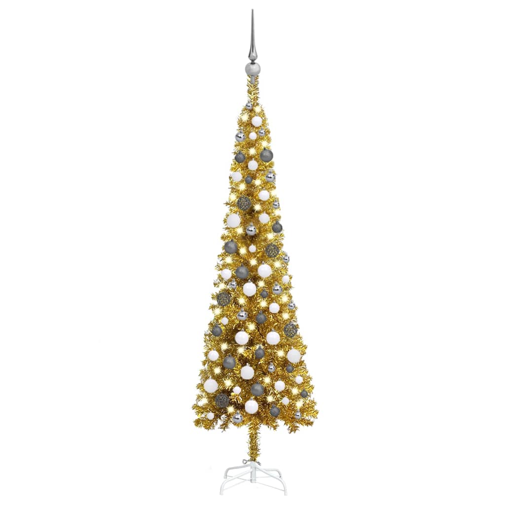 vidaXL Kunstkerstboom met verlichting en kerstballen smal 150 cm goud