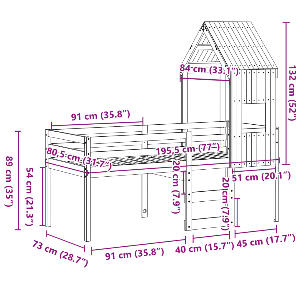 vidaXL Hoogslaper met dak massief grenenhout wasbruin 75x190 cm