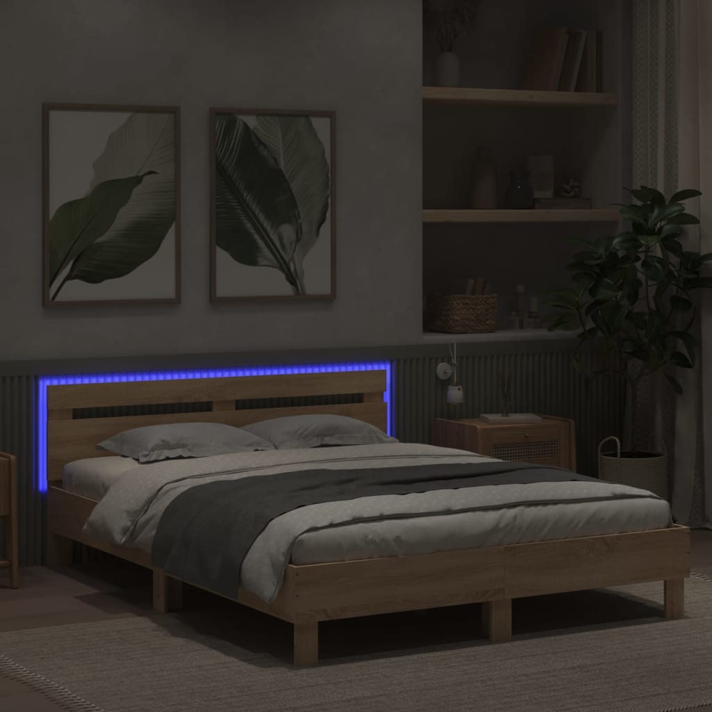 vidaXL Bedframe met hoofdeinde en LED sonoma eikenkleurig 150x200 cm