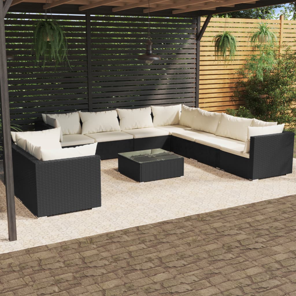 vidaXL 10-delige Loungeset met kussens poly rattan zwart