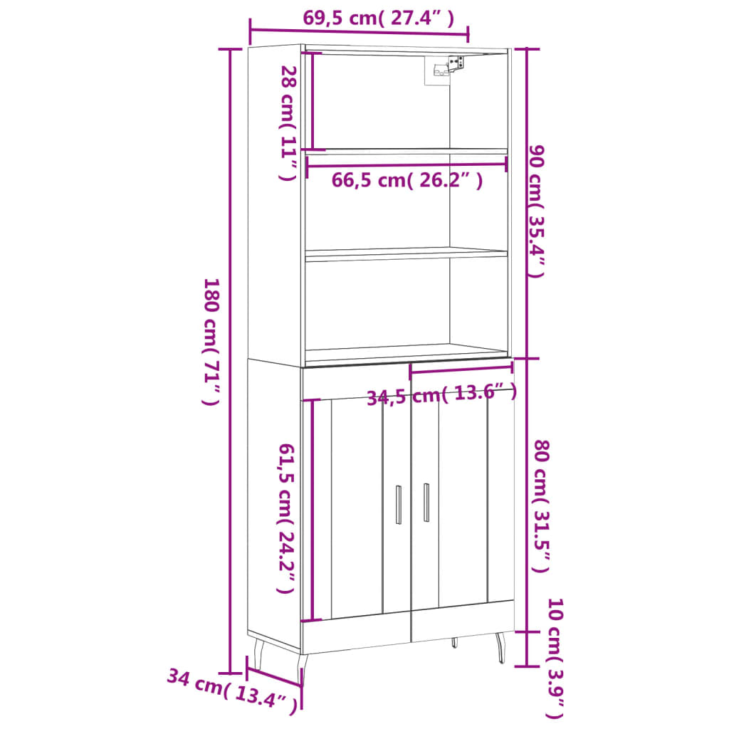 vidaXL Hoge kast 69,5x34x180 cm bewerkt hout zwart