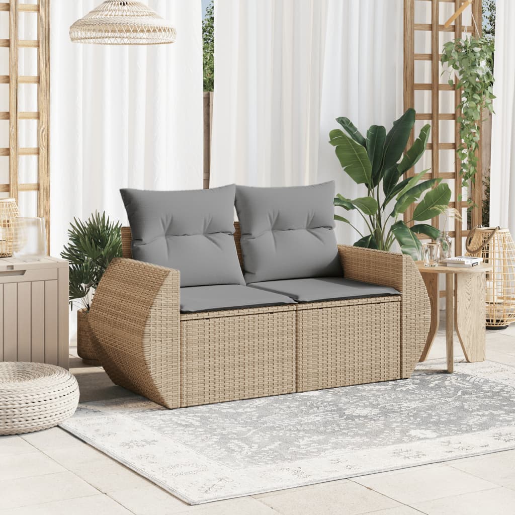 vidaXL Tuinbank 2-zits met kussens poly rattan beige