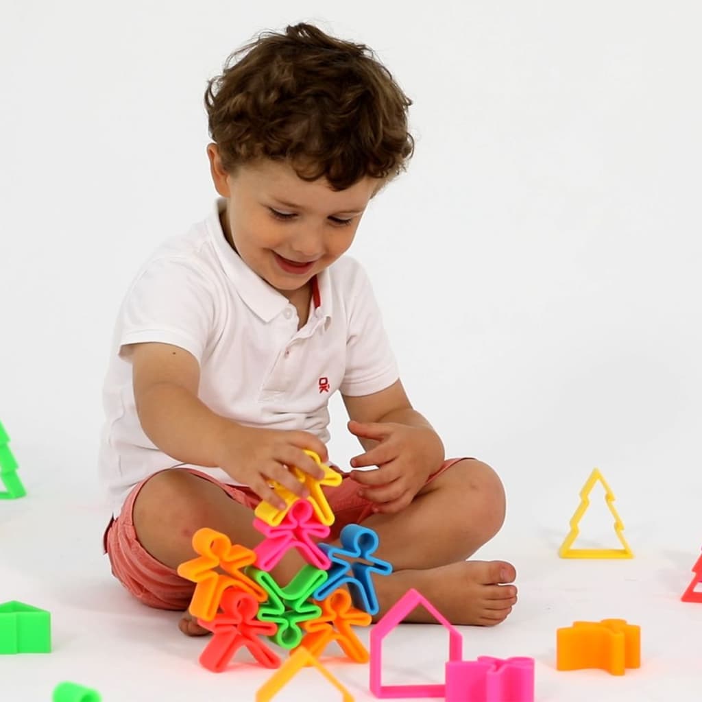 dëna 18-delige Speelgoedset Neon kinderen, huizen en bomen silicone