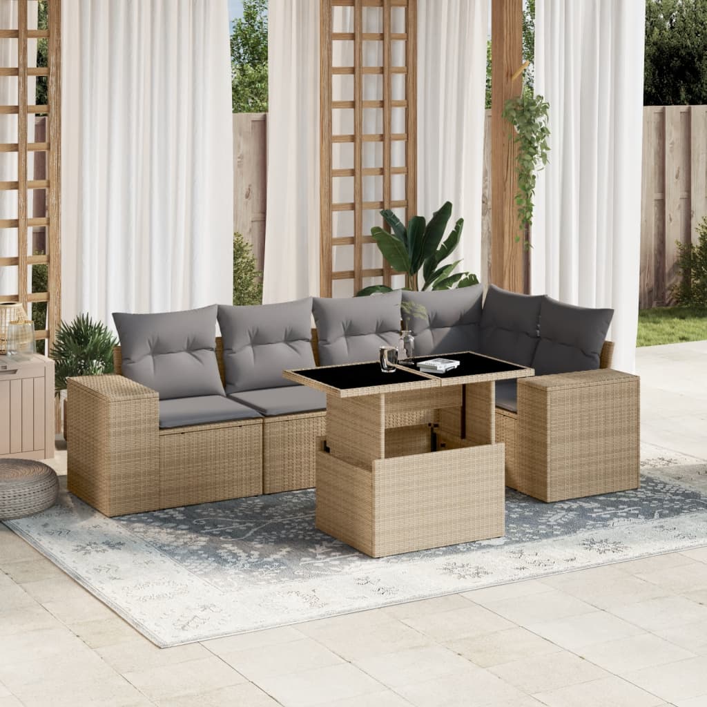 vidaXL 6-delige Loungeset met kussens poly rattan beige