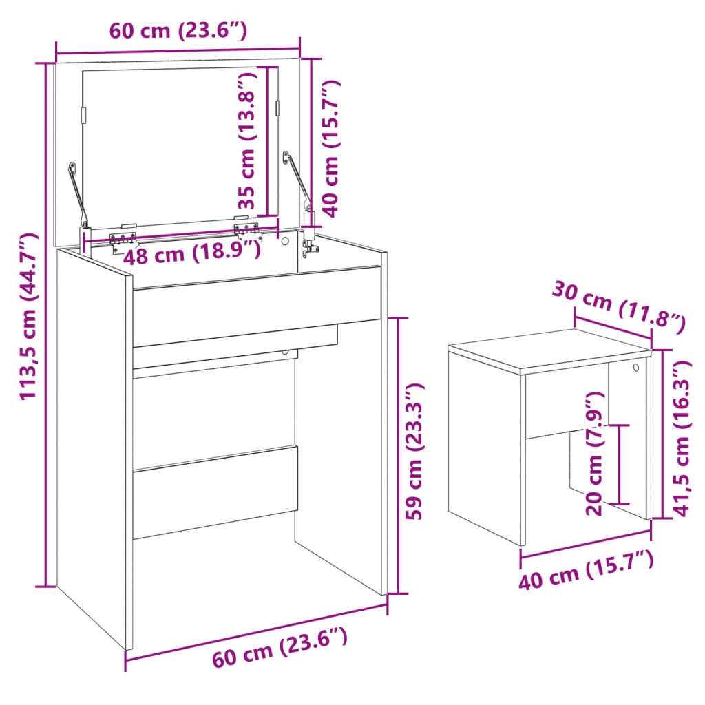 vidaXL Kaptafel met krukje 60x40x113,5 cm wit