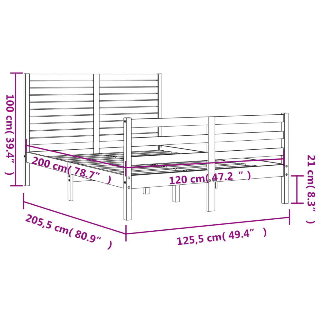 vidaXL Bedframe met hoofdbord massief hout zwart 120x200 cm