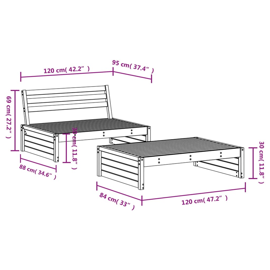 vidaXL 2-delige Loungeset massief grenenhout zwart