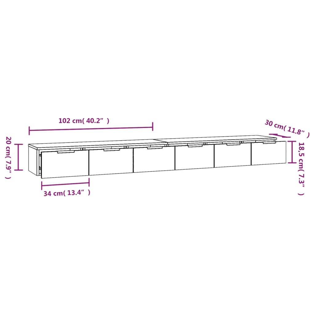 vidaXL Wandkasten 2 st 102x30x20 cm bewerkt hout zwart