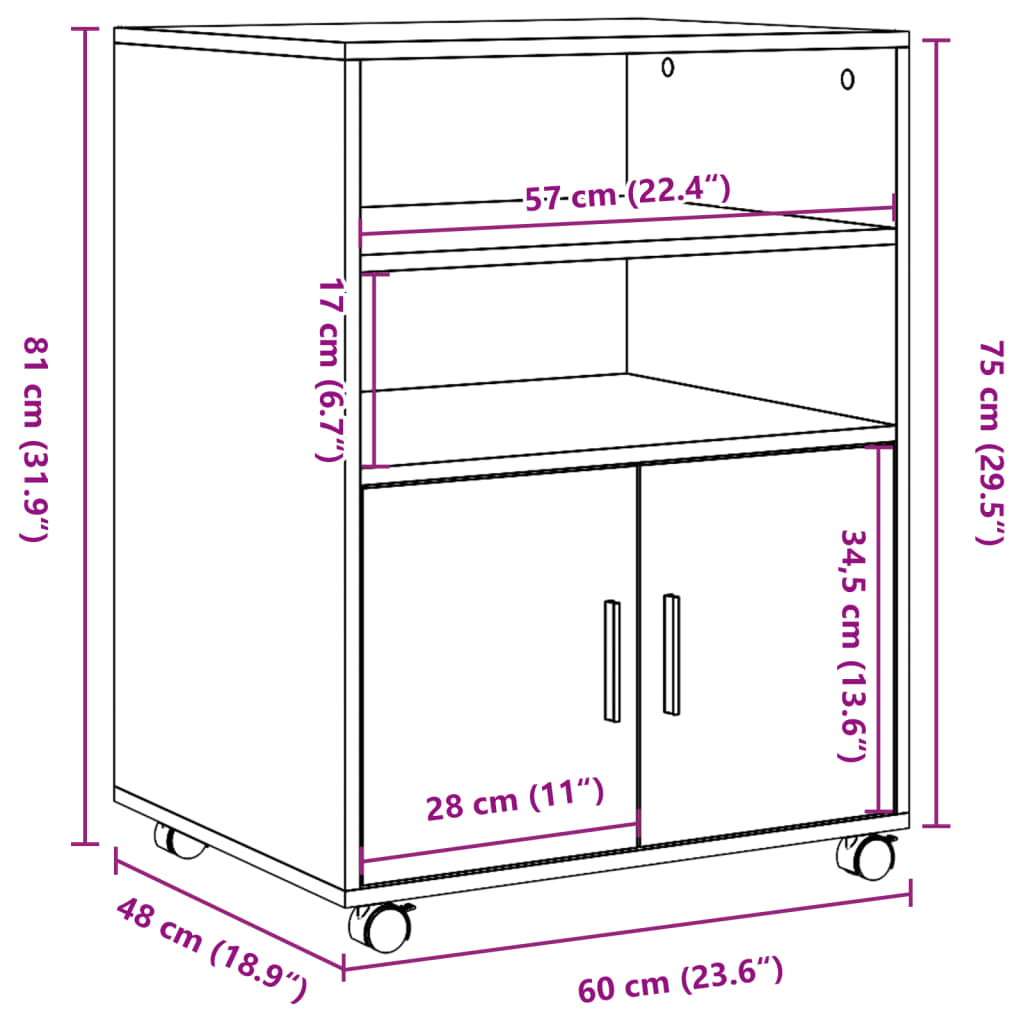 vidaXL Rolkast 60x48x81 cm bewerkt hout zwart