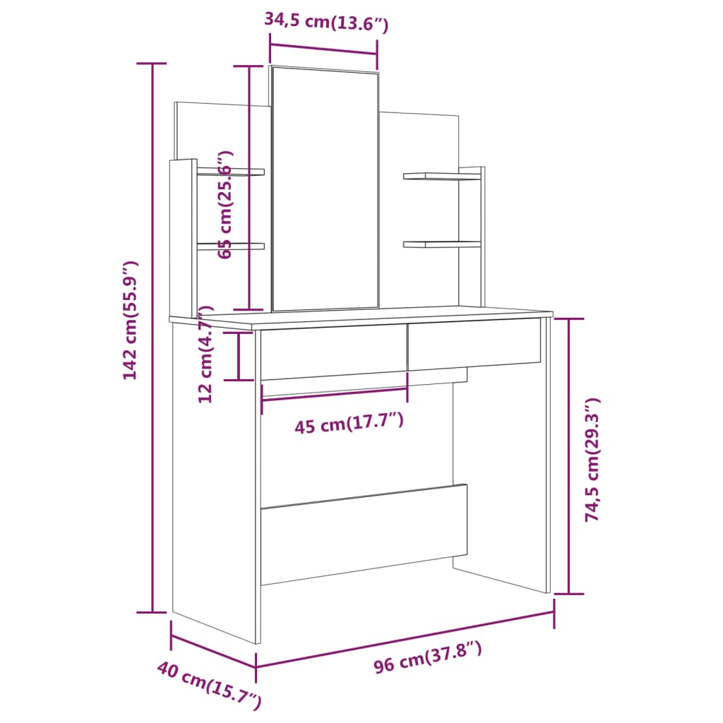 vidaXL Kaptafelset 96x40x142 cm betongrijs