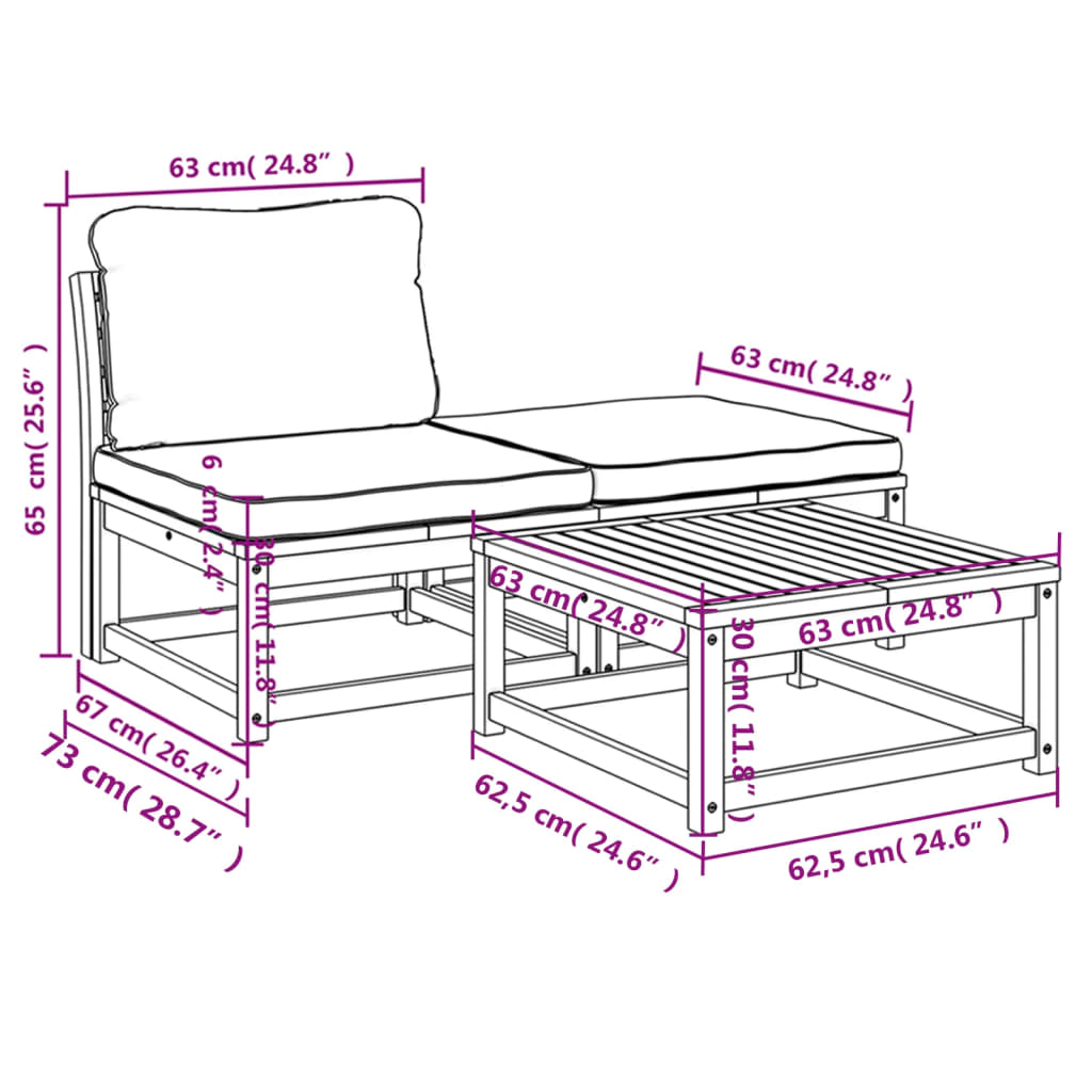 vidaXL 3-delige Loungeset met kussens massief acaciahout