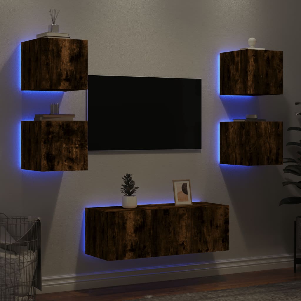 vidaXL 6-delige tv-wandmeubelset met LED bewerkt hout gerookt eiken