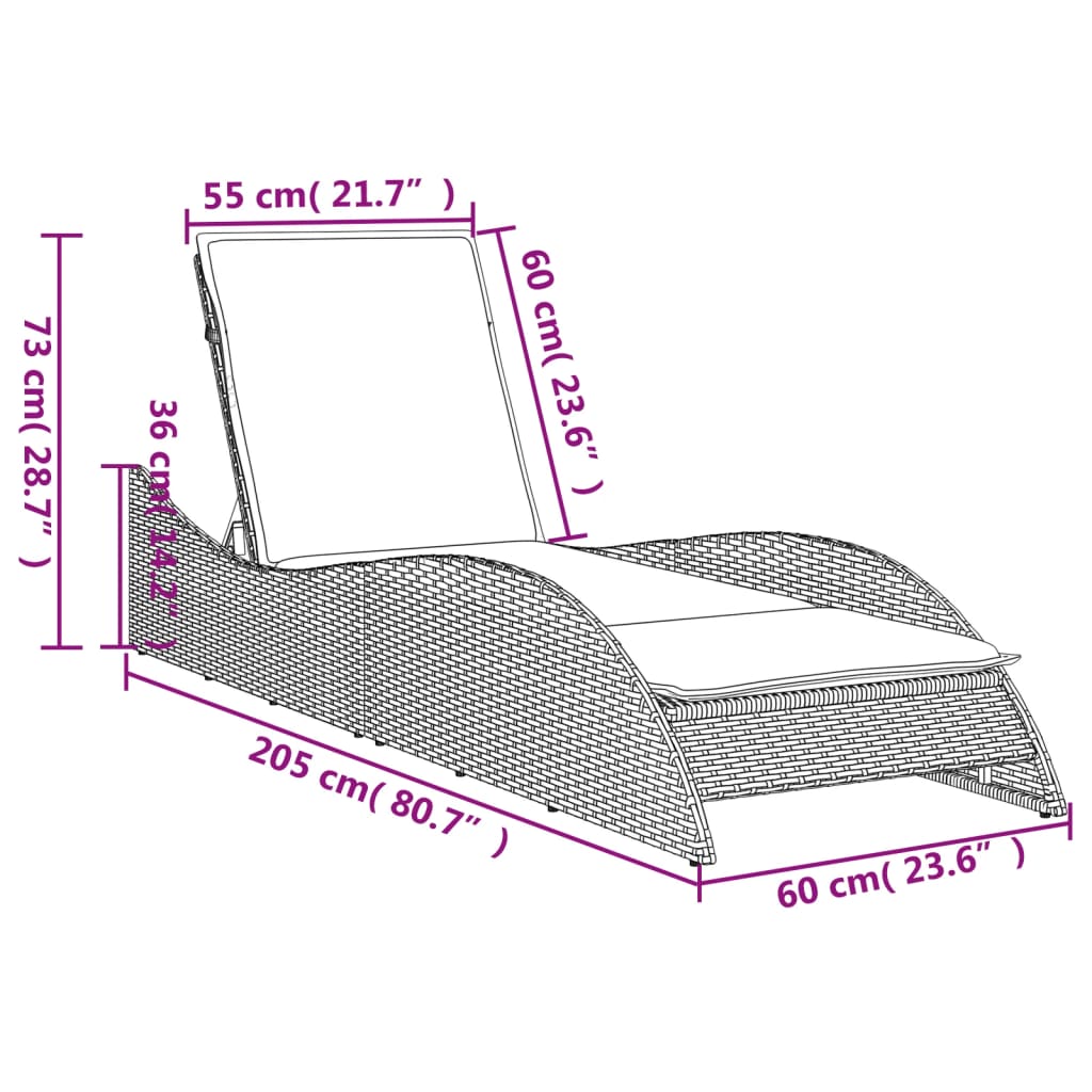 vidaXL Ligbed met kussen 60x205x73 cm poly rattan grijs