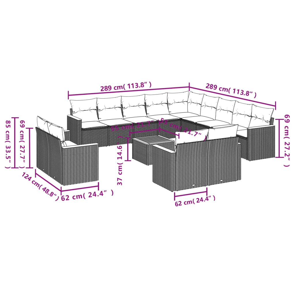 vidaXL 14-delige Loungeset met kussens poly rattan zwart